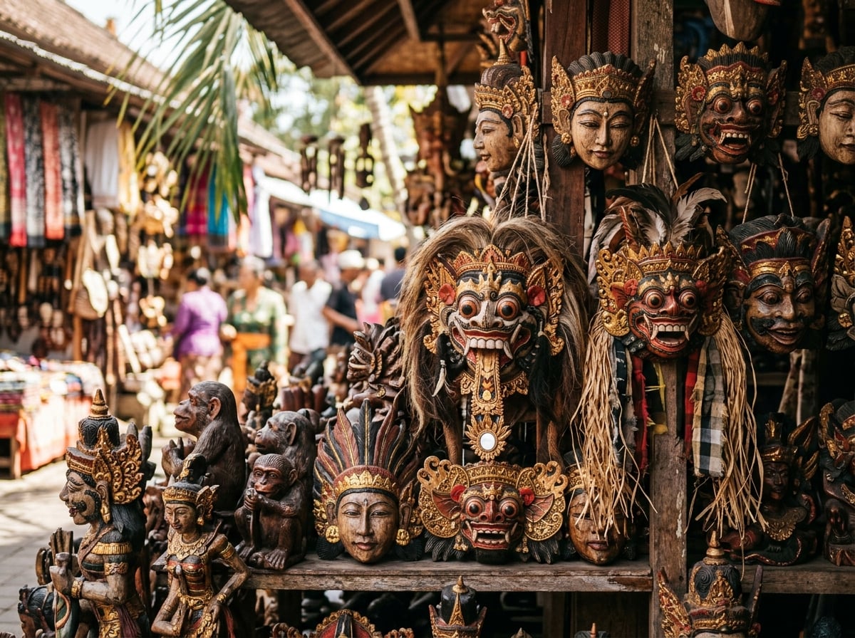 A display of colorful Balinese wood carvings at an art market.