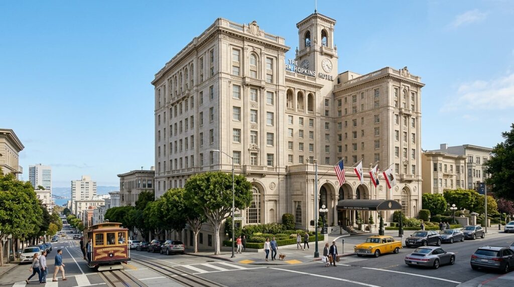 A historic luxury hotel building in San Francisco's Nob Hill against a clear sky.