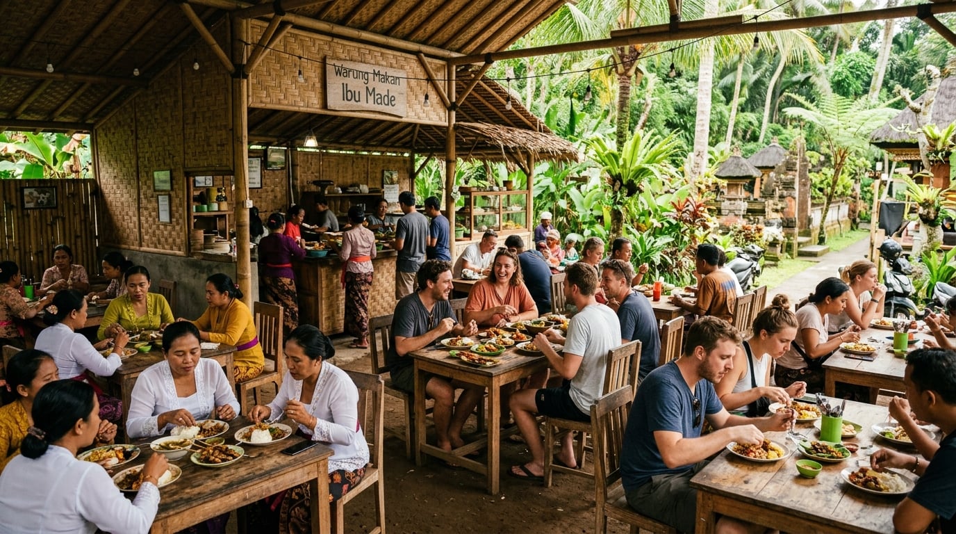A wide outdoor shot of a bustling warung in Ubud, with locals and tourists eating at simple wooden tables.