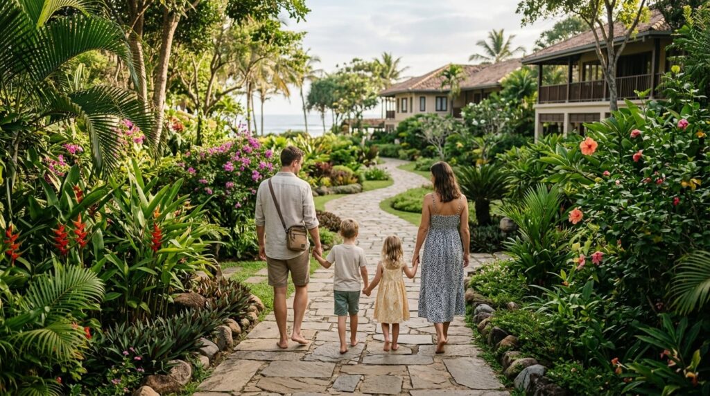 A family with two children walking on a path in a lush Sri Lankan hotel garden.
