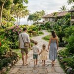 A family with two children walking on a path in a lush Sri Lankan hotel garden.