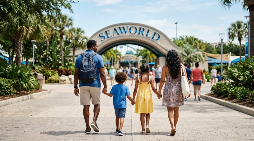 A family with two children walking hand-in-hand toward the entrance of SeaWorld San Antonio.