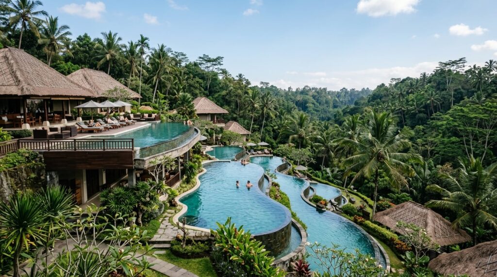 A wide view of a luxury hotel in Ubud with terraced pools and lush jungle.