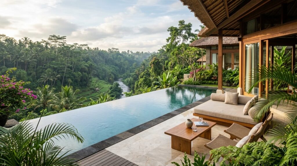 A luxury hotel suite with a private infinity pool overlooking a lush jungle valley in Ubud, Bali.