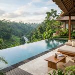 A luxury hotel suite with a private infinity pool overlooking a lush jungle valley in Ubud, Bali.