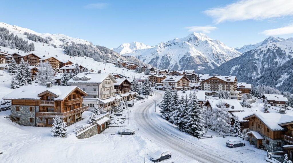 A picturesque view of Courchevel 1850 village nestled in the snowy French Alps.