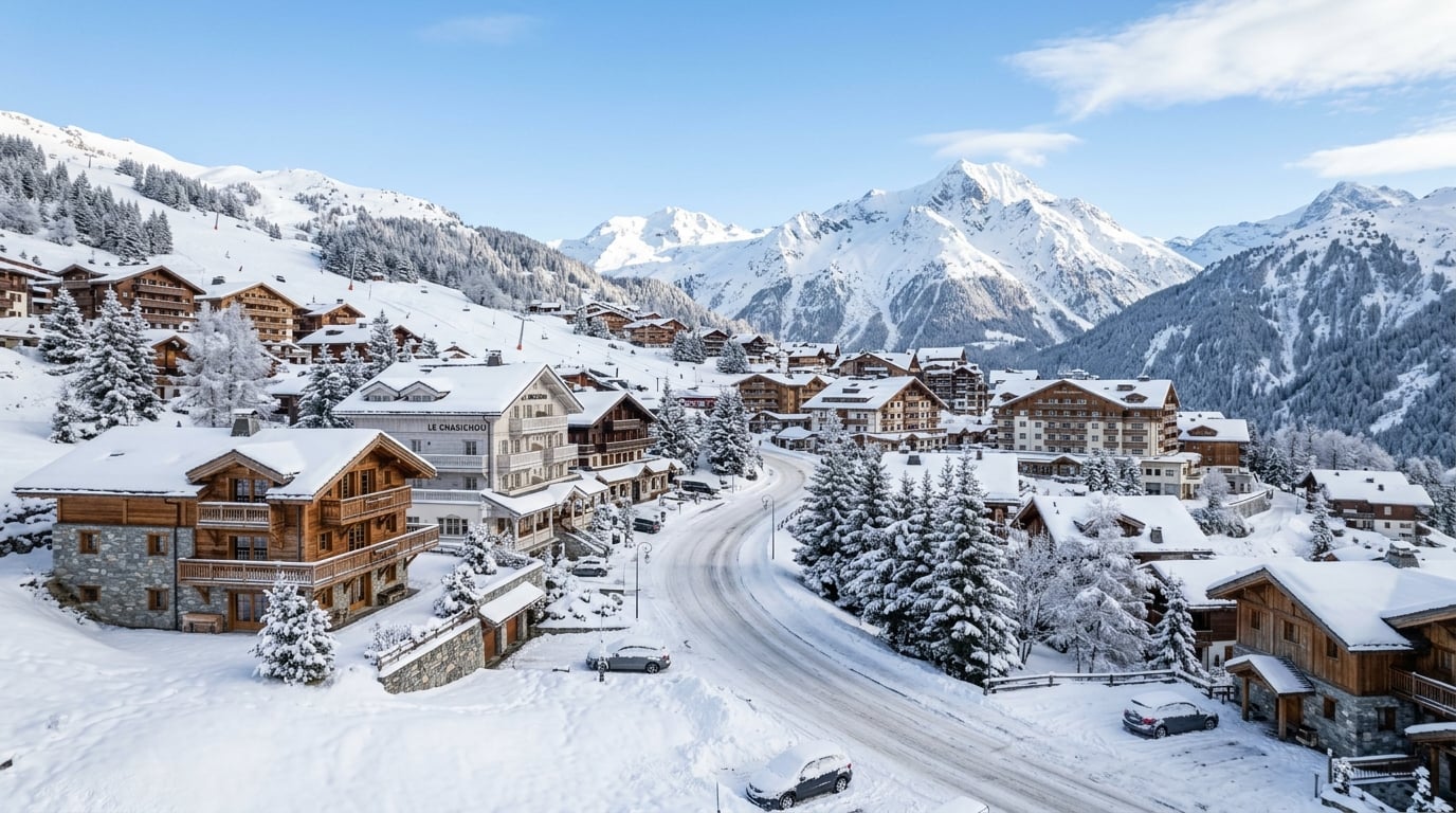 A picturesque view of Courchevel 1850 village nestled in the snowy French Alps.