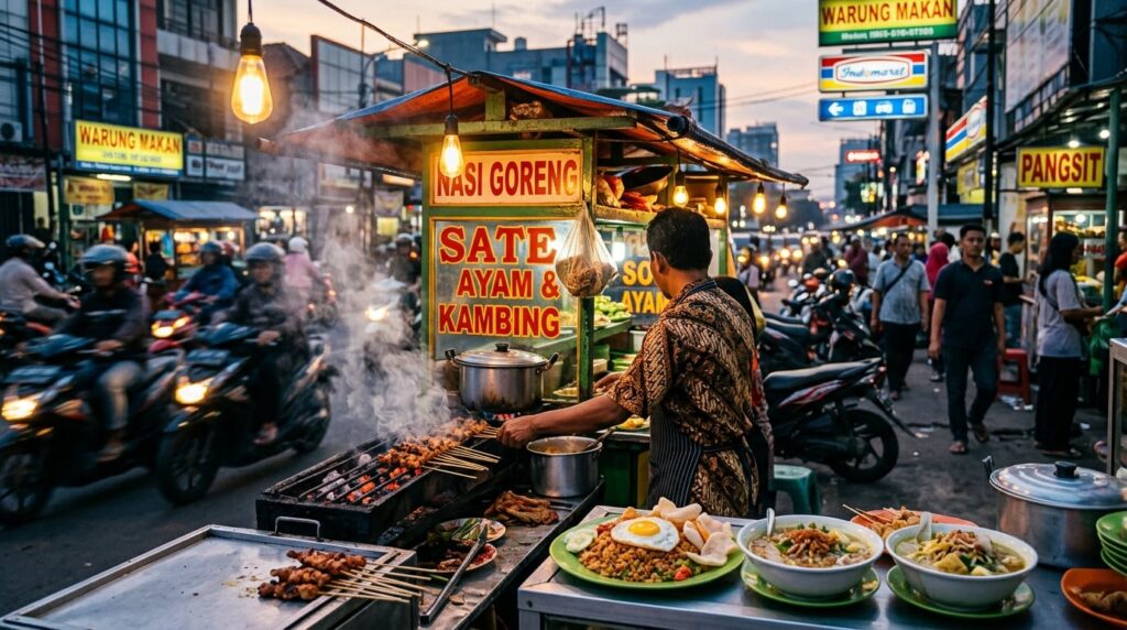 A vibrant street food stall in Jakarta at dusk, with various Indonesian dishes on display.