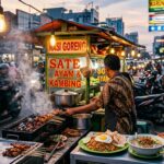 Culinary Paradise of Jakarta: 5 Reasons It's a Food Lover's Dream A vibrant street food stall in Jakarta at dusk, with various Indonesian dishes on display.