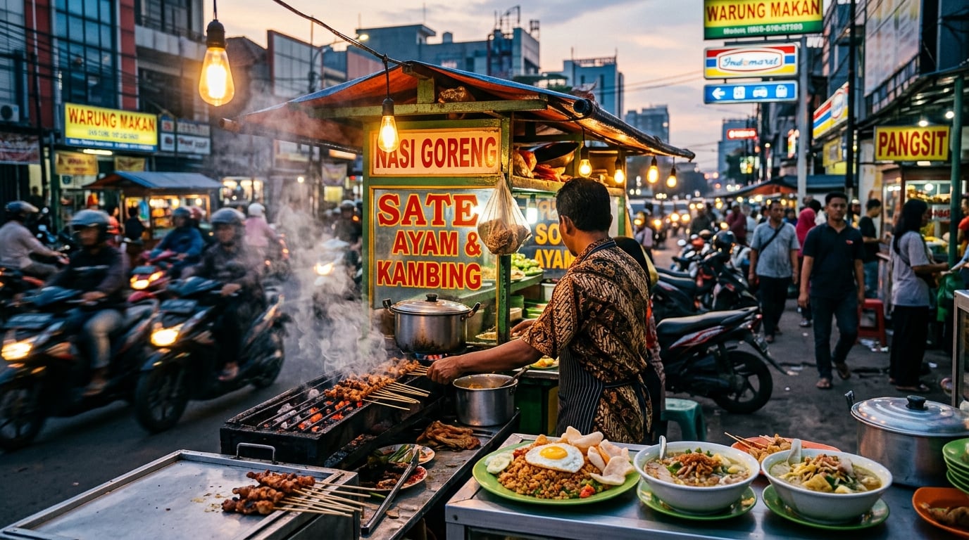 A vibrant street food stall in Jakarta at dusk, with various Indonesian dishes on display.