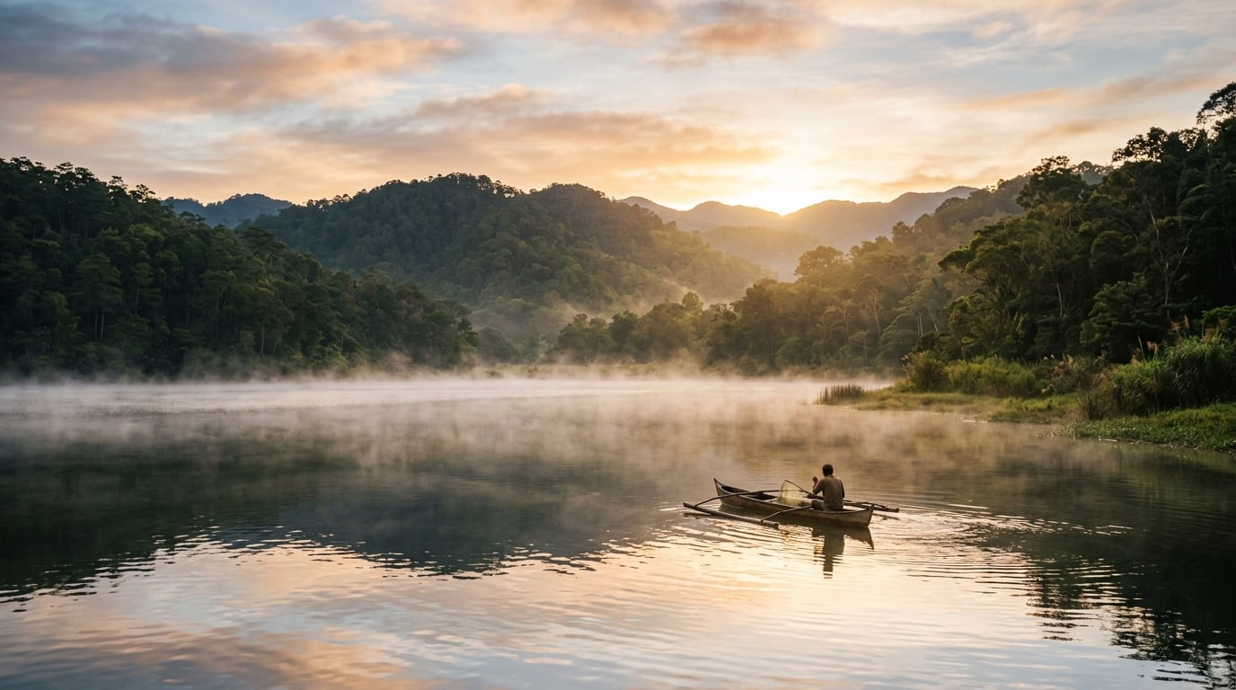 A serene lake at sunrise, surrounded by forested hills with mist hovering over the water.