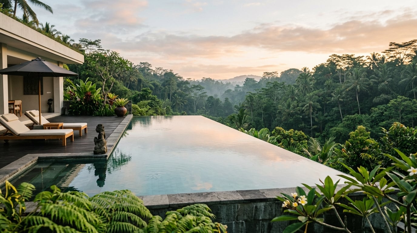 Infinity pool overlooking a lush Balinese jungle valley at sunrise.