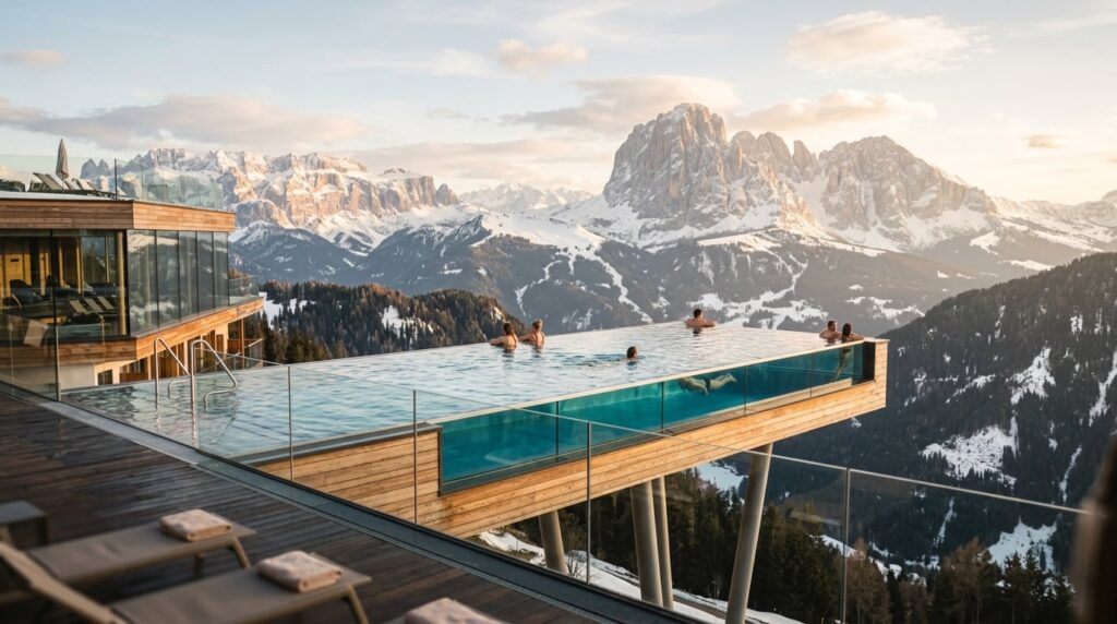 Rooftop infinity pool of Hotel Hubertus overlooking the Dolomites mountains.