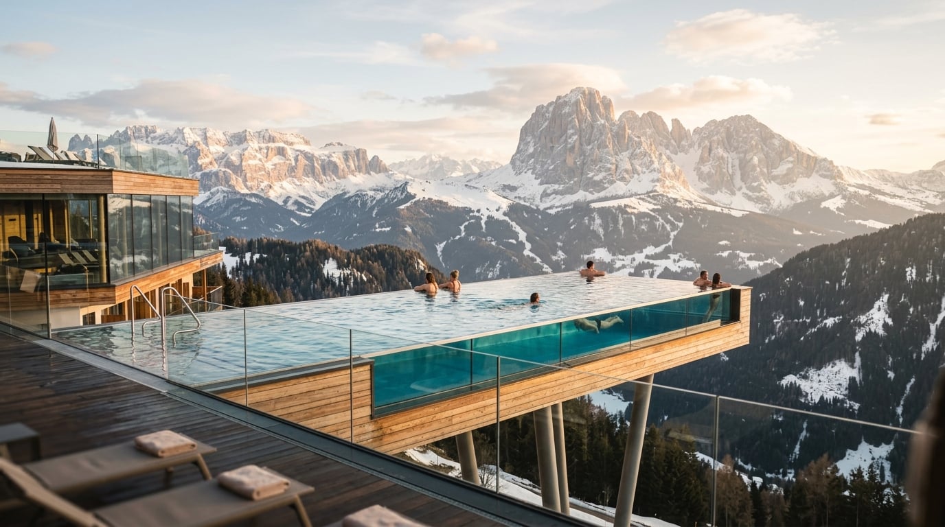 Rooftop infinity pool of Hotel Hubertus overlooking the Dolomites mountains.