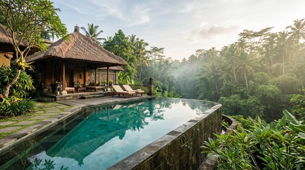 A luxury resort villa in Ubud with a private infinity pool overlooking lush jungle.