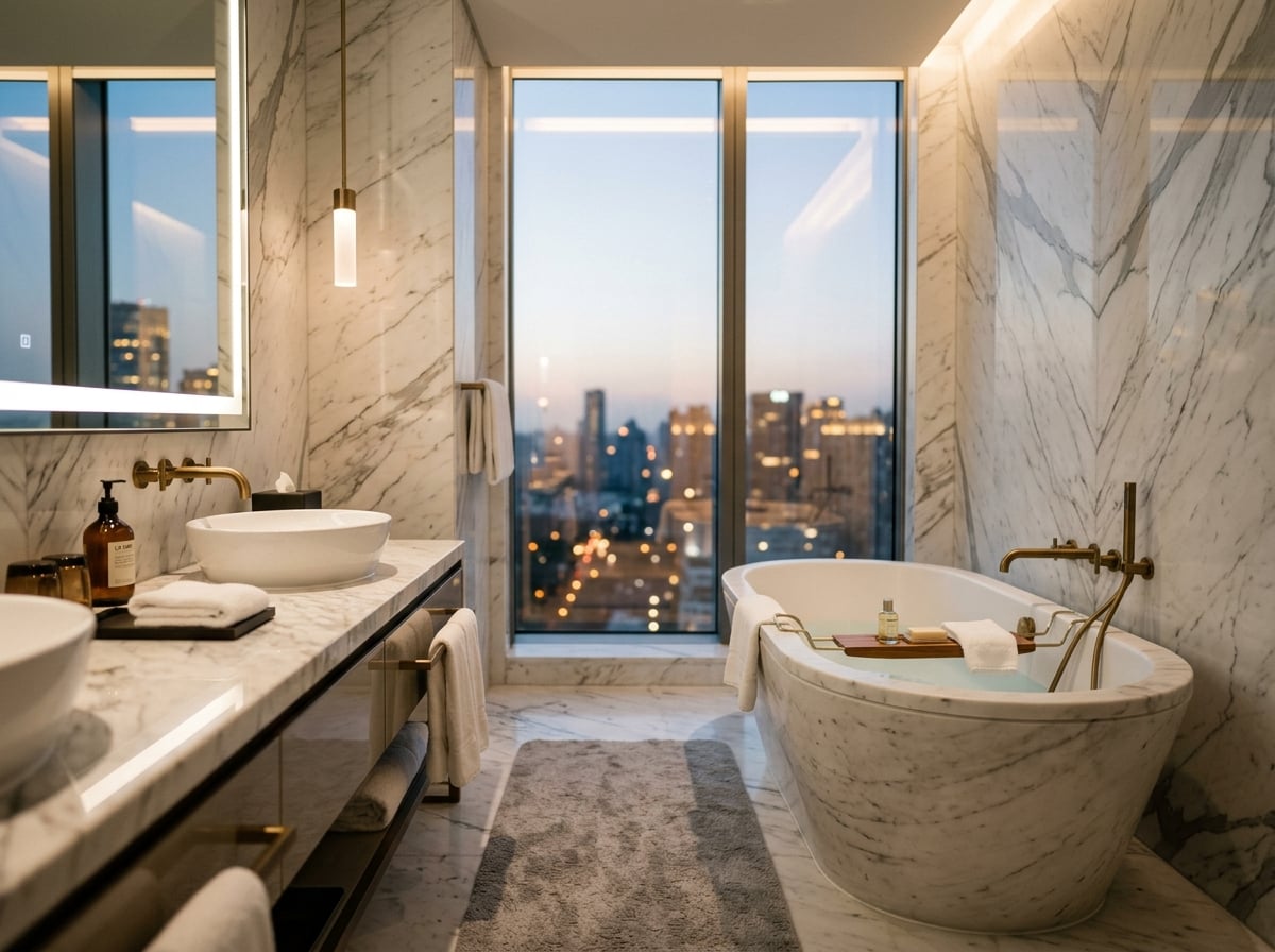 A marble-clad bathroom in a luxury hotel with high-end fixtures.