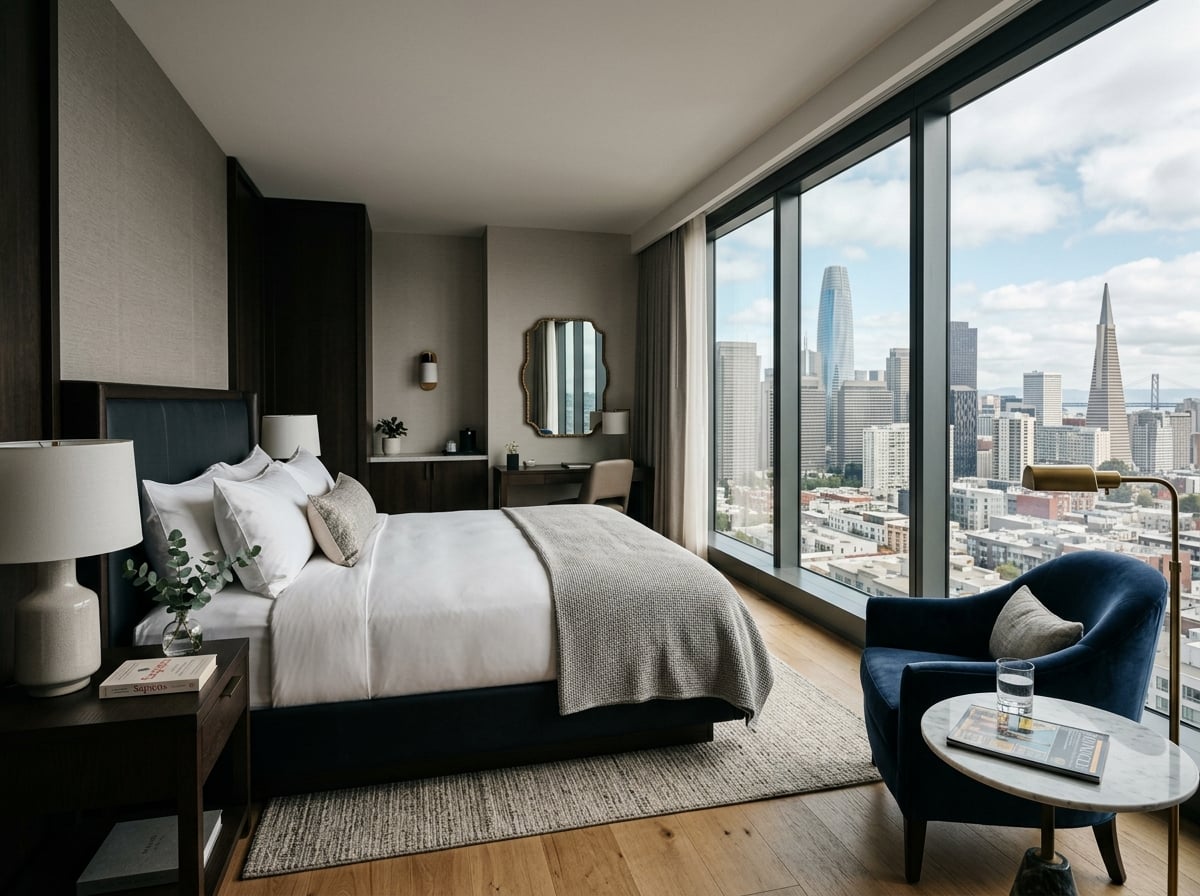 A hotel room with elegant, contemporary decor and a view of San Francisco.