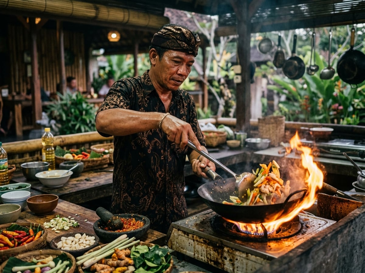 A chef cooking at a simple, open-air warung kitchen in Ubud.