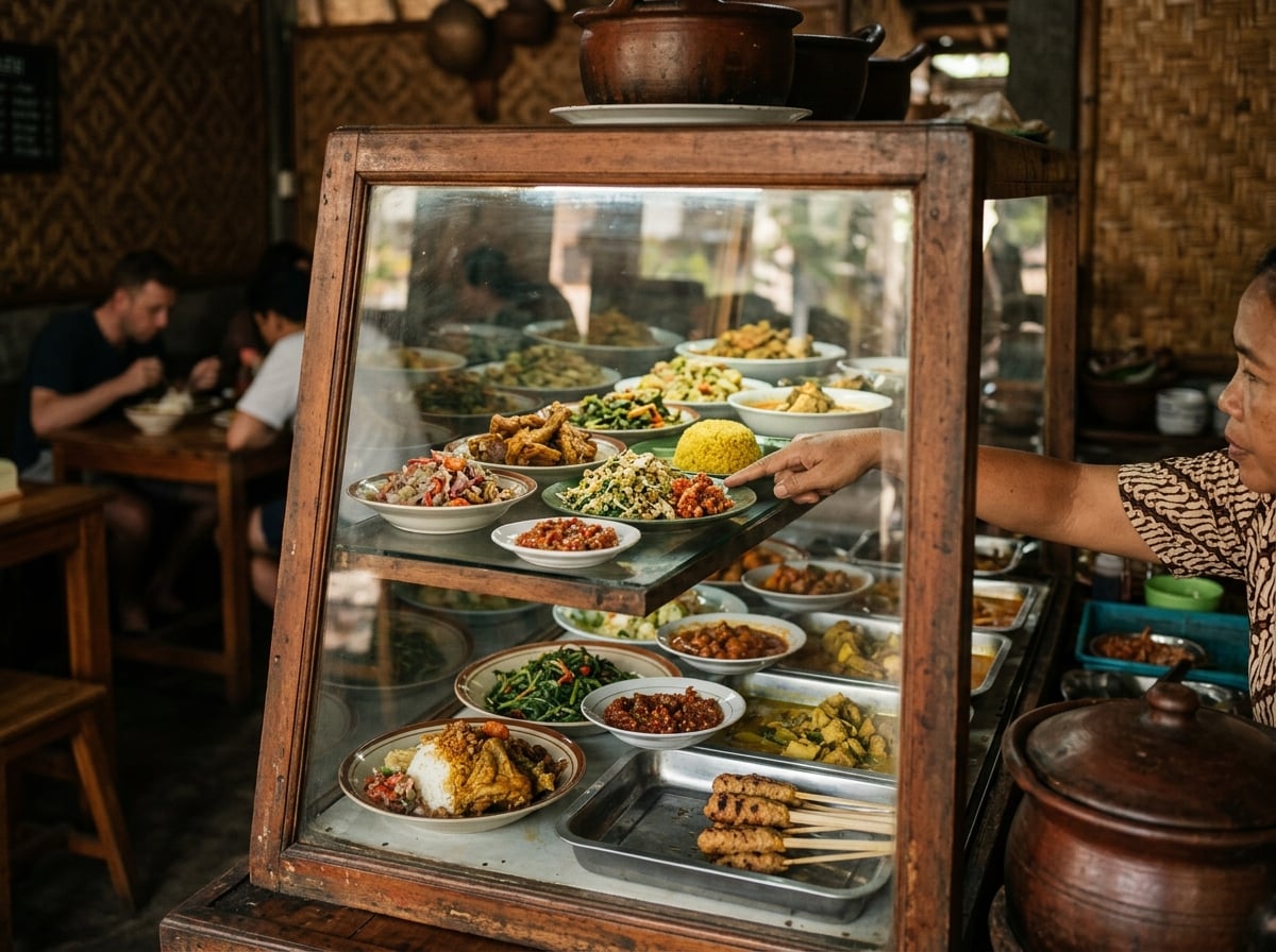 A display case inside a traditional Balinese warung, showing various local dishes.