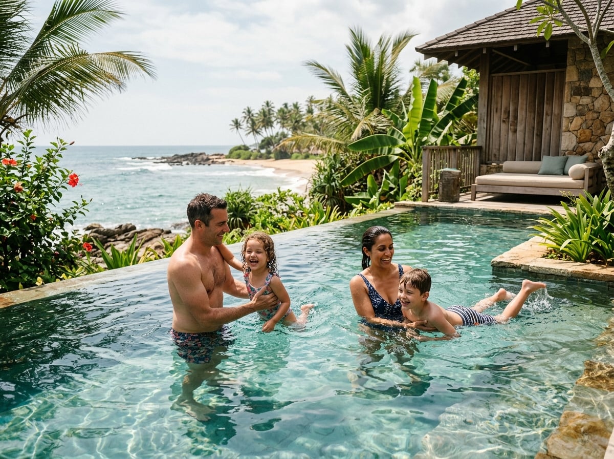 A family swimming in a large private pool at a resort villa in Sri Lanka.