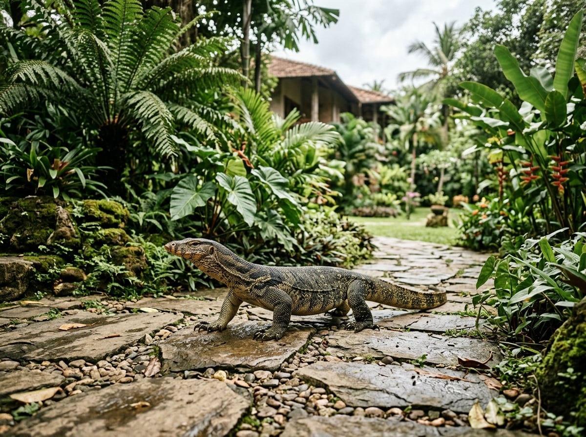 A monitor lizard on a path in a Sri Lankan hotel garden.