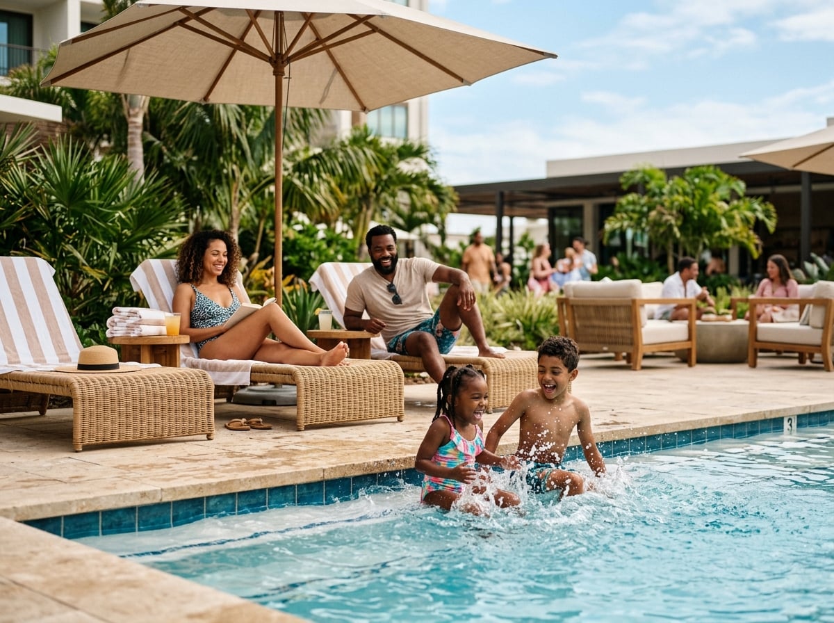 A family relaxing by a hotel pool after visiting a theme park.