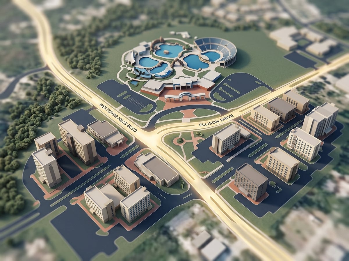 A map showing SeaWorld San Antonio and nearby hotel clusters.