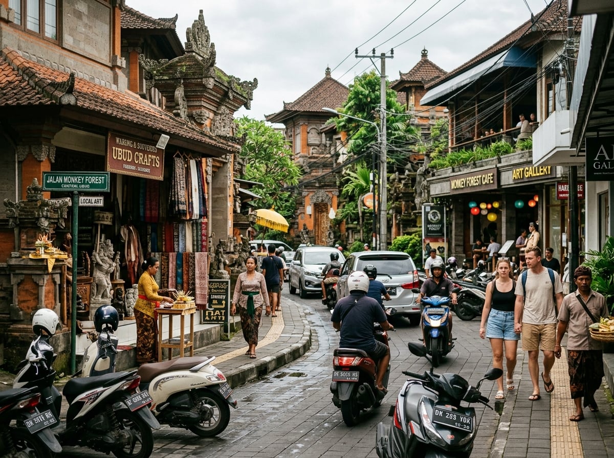 A busy street scene in Central Ubud with motorbikes and shops.