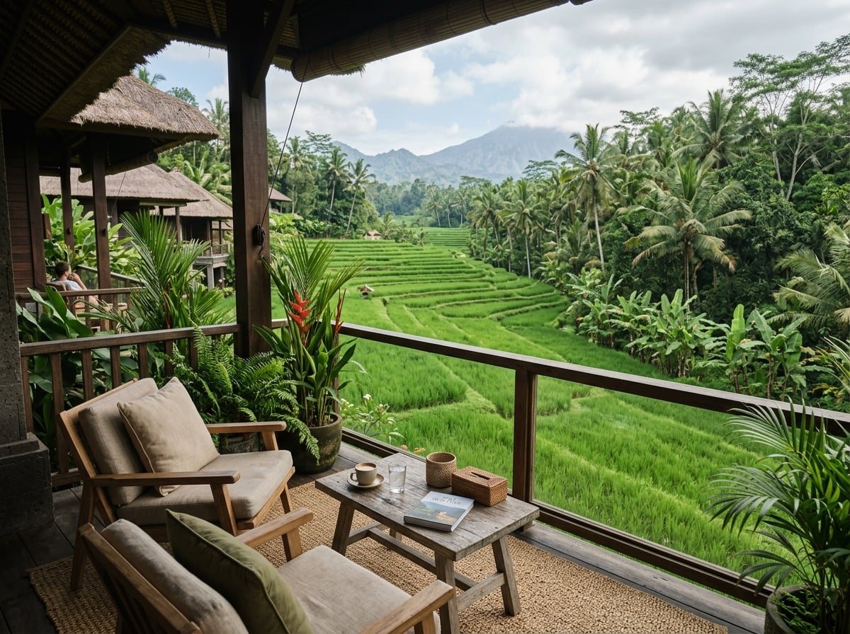 A hotel balcony overlooking a verdant rice field in Ubud.
