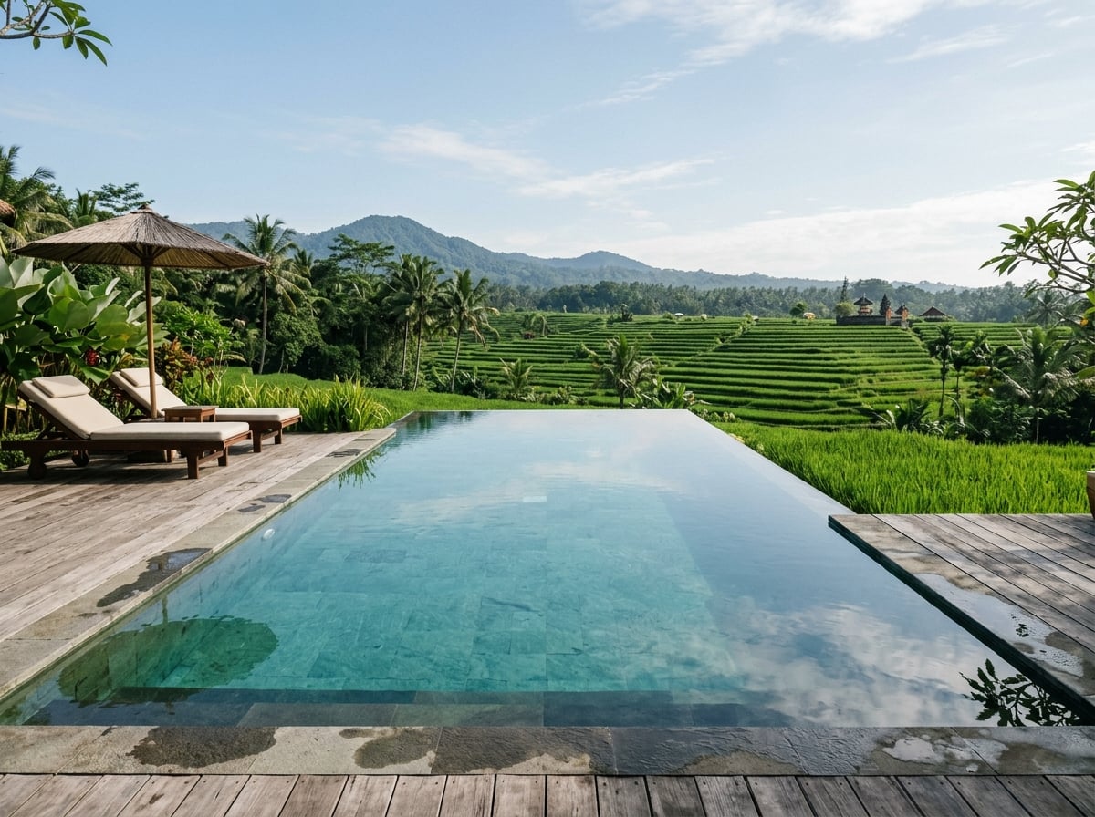 A serene infinity pool at a hotel overlooking rice fields in Ubud, Bali.