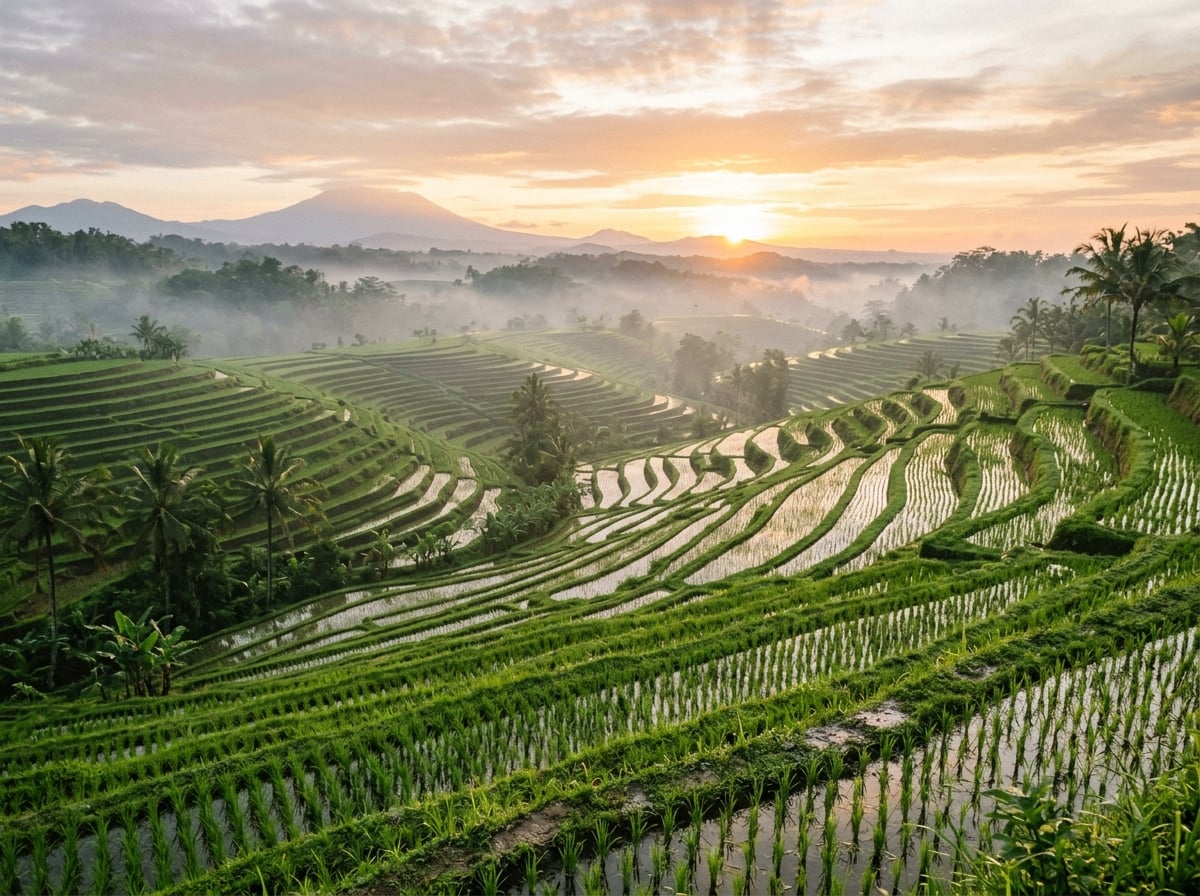 Sunrise over mist-shrouded rice terraces in Ubud, Bali.