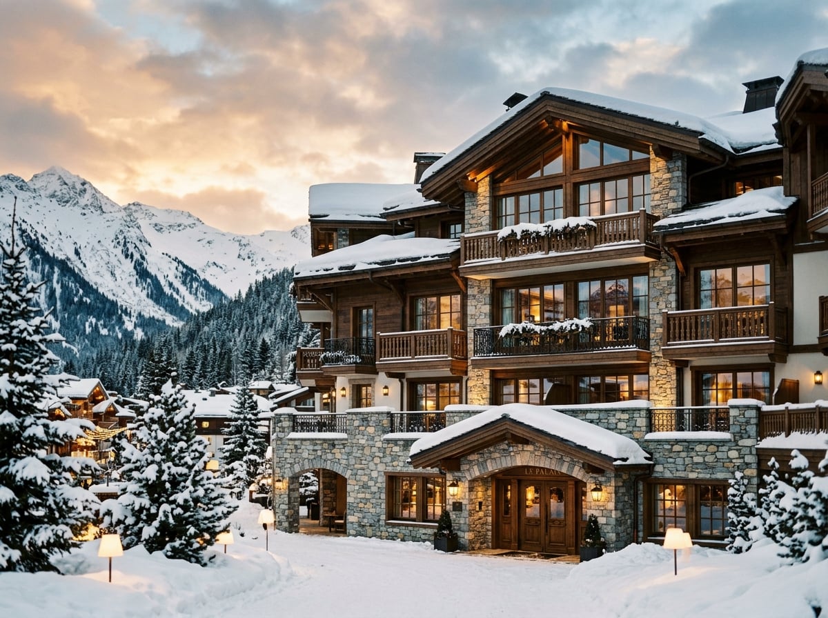 The exterior of a luxurious hotel in Courchevel 1850 with snow-covered balconies.