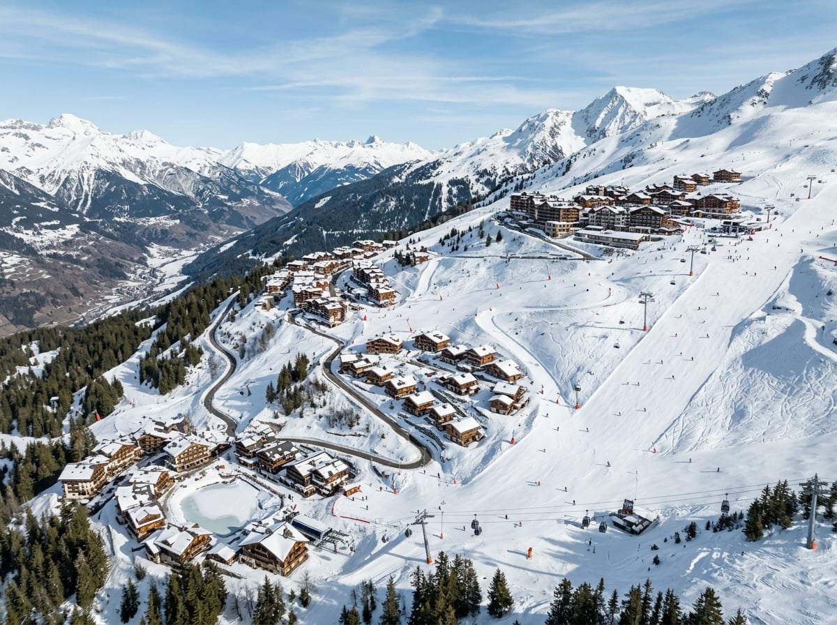 A map-like illustration of Courchevel's distinct villages connected by ski slopes.
