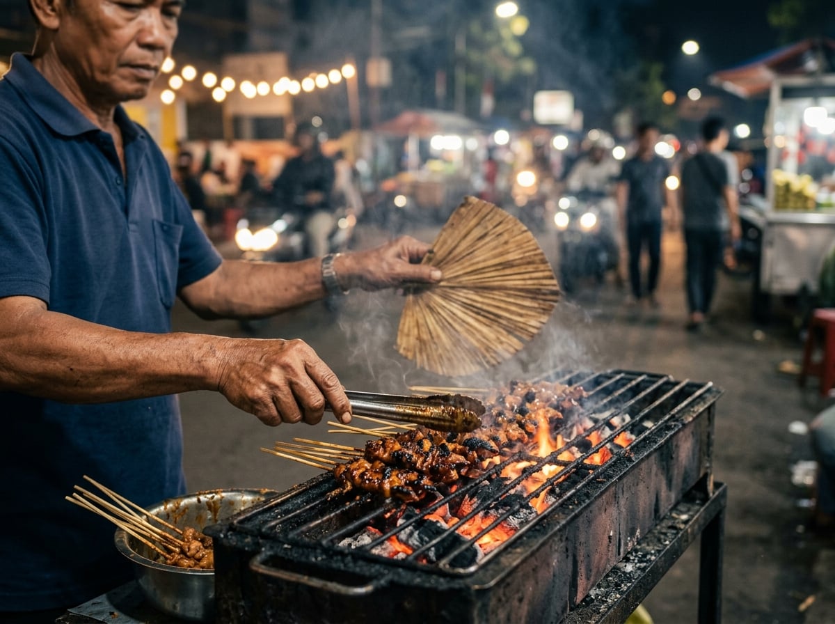 A vendor preparing satay skewers on a charcoal grill on a Jakarta street.