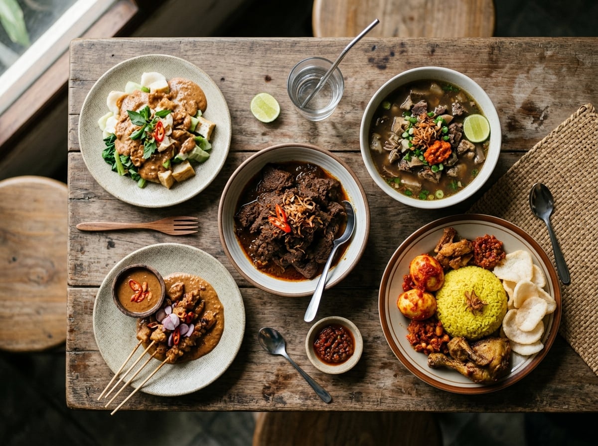 A spread of various Indonesian dishes from different regions on a wooden table.