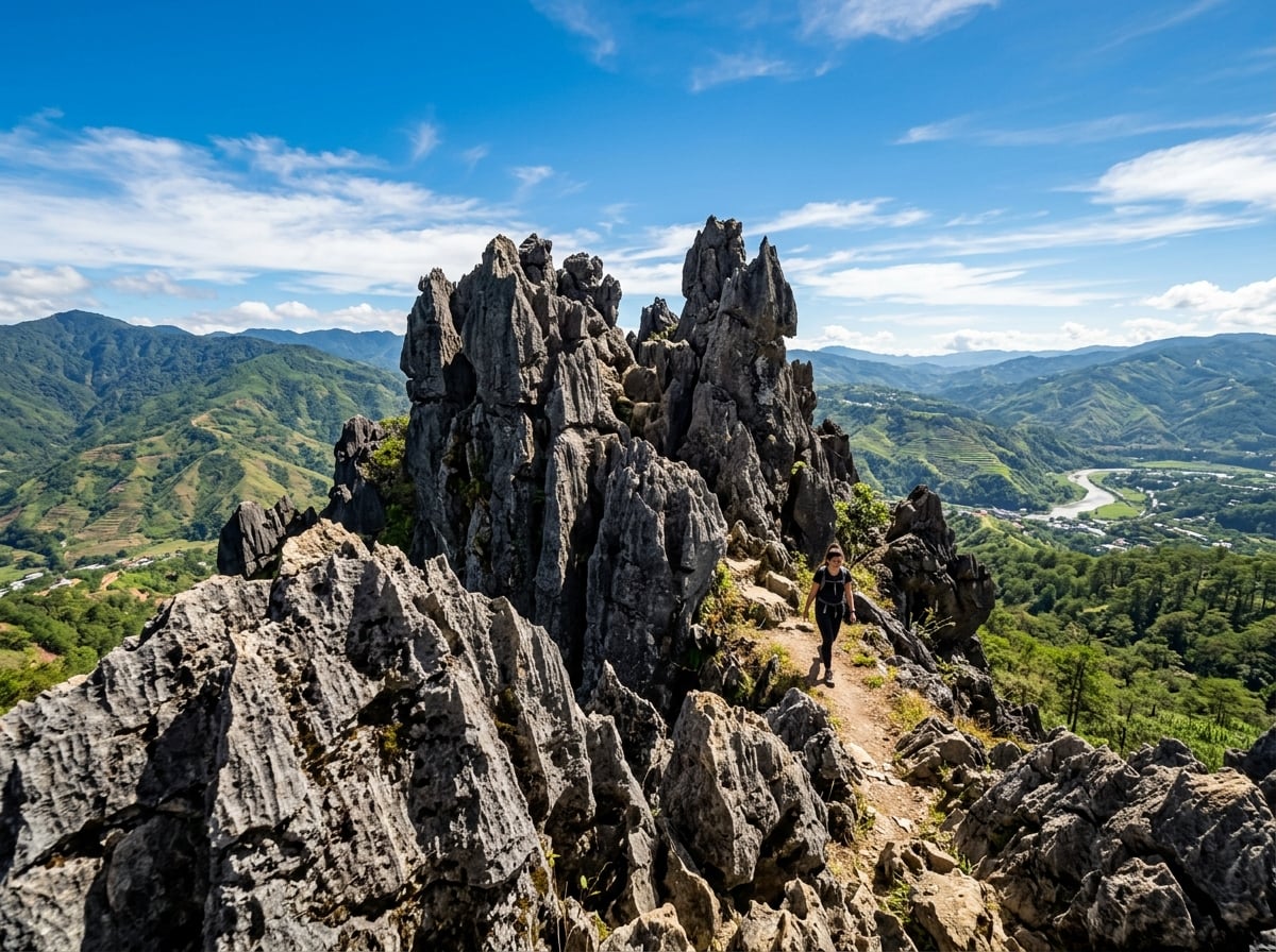 Jagged limestone rock formations on Mount Kalugong, with a clear blue sky and distant hills.
