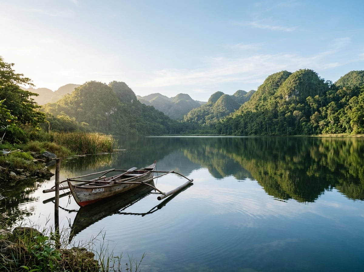 A placid lake reflecting forested hills and a clear sky, with a small traditional banca boat near the shore.