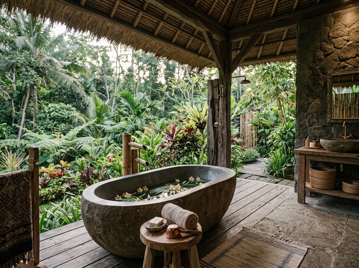 Open-air luxury bathroom with a bathtub overlooking a private garden.