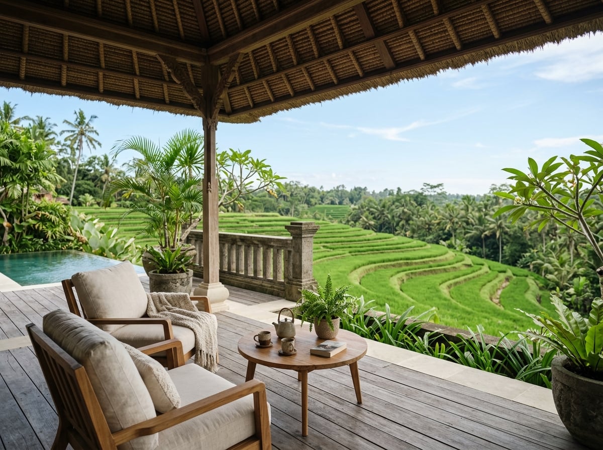 Private patio of a luxury villa with a view of a Balinese rice terrace.