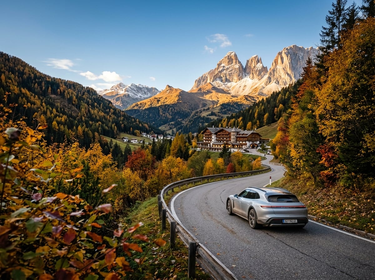 A modern car driving on an Alpine road with mountains in the distance.