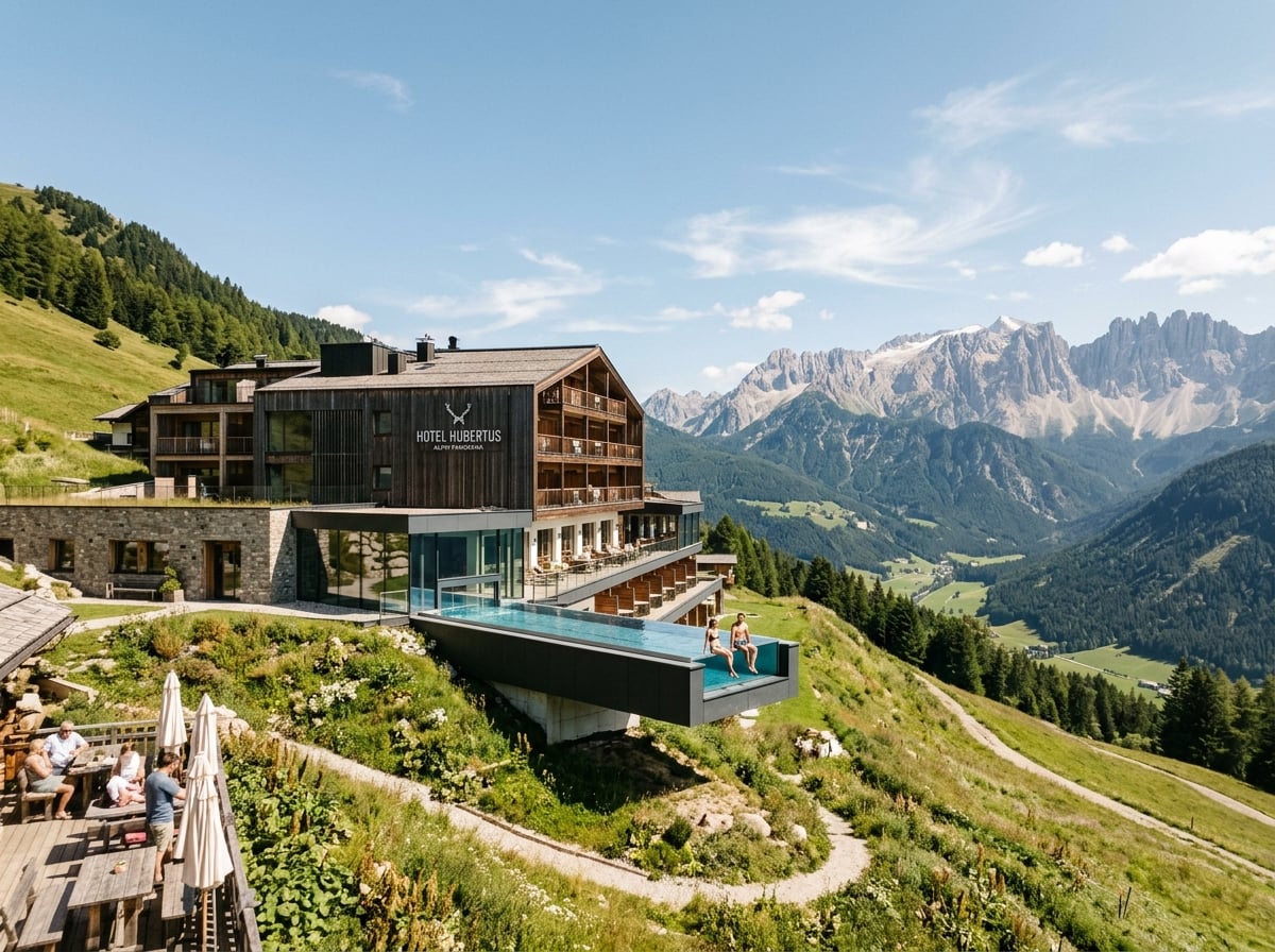 Exterior of Hotel Hubertus nestled in the Dolomites.