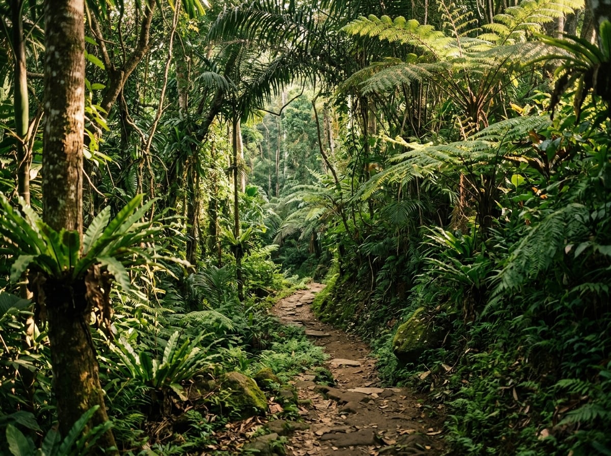 A narrow walking path through dense green jungle at Campuhan Ridge.