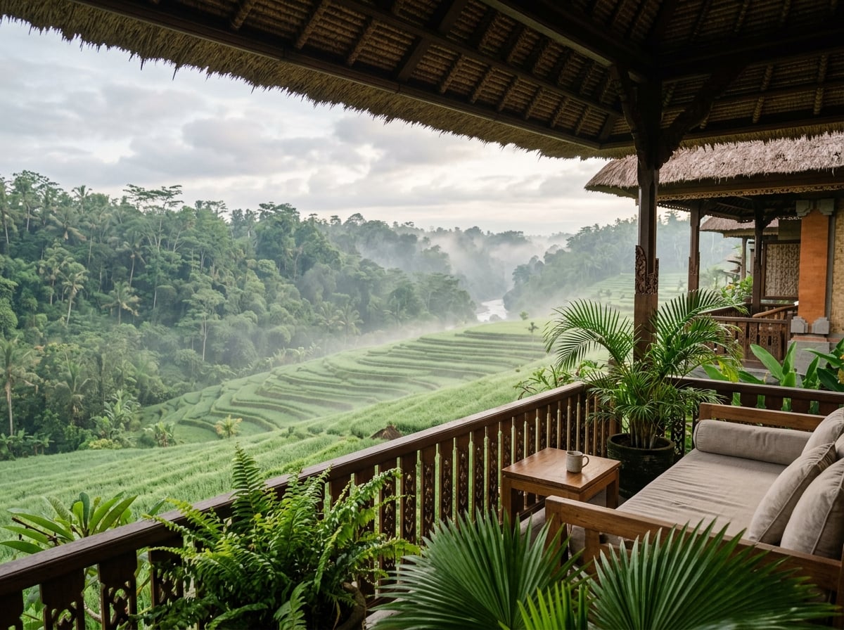 A Balinese-style villa with a view of misty rice paddies and jungle.
