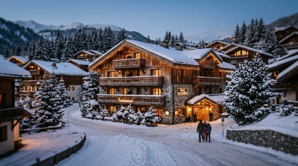 A charming hotel in Courchevel 1550 village, snow-covered at twilight.