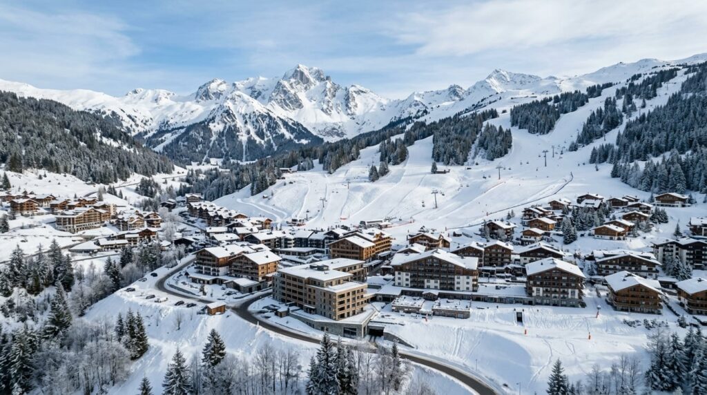 A modern ski resort village in the French Alps with snowy slopes.