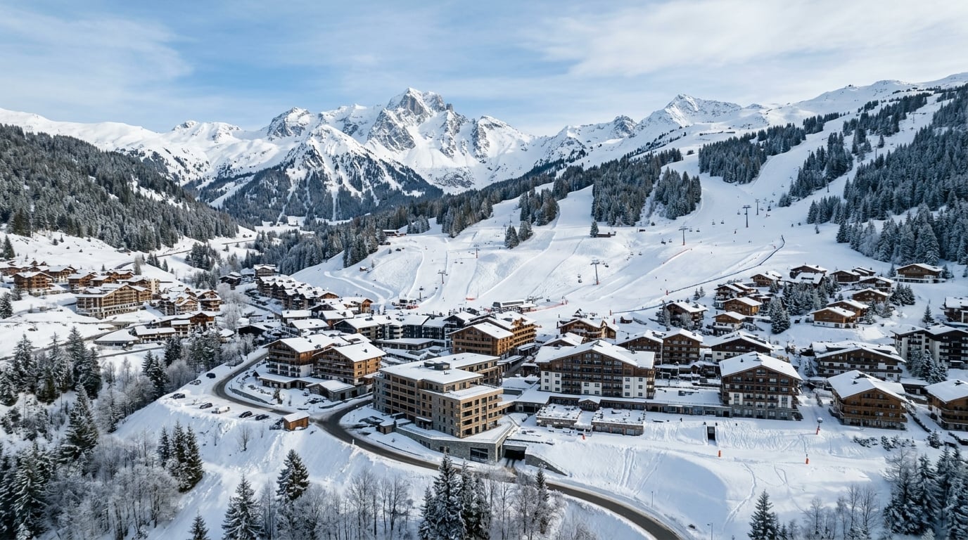 A modern ski resort village in the French Alps with snowy slopes.