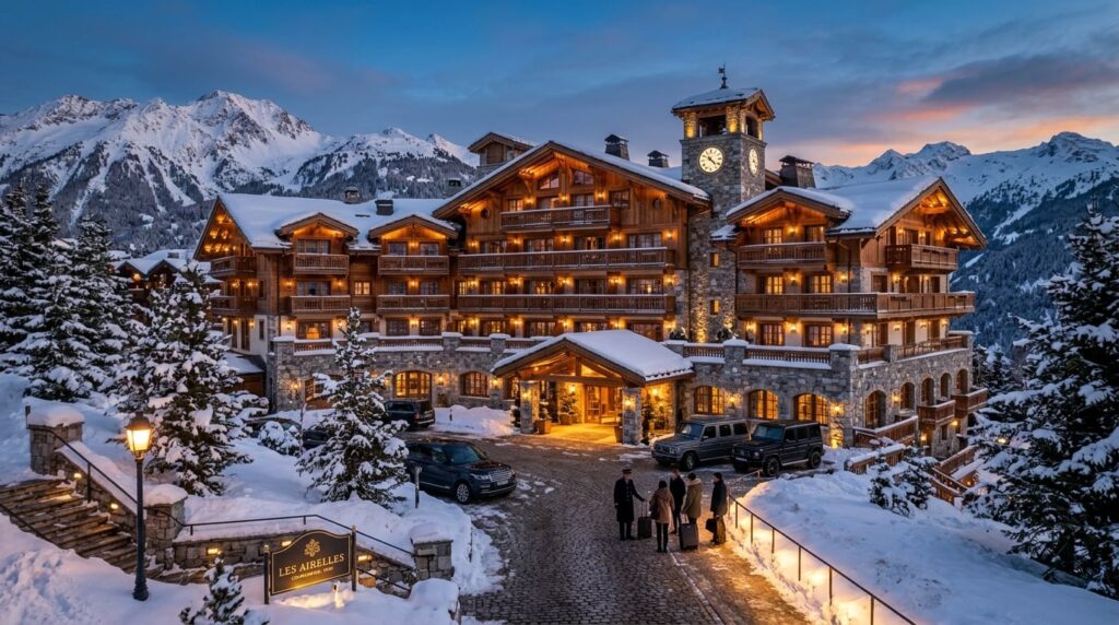 A luxurious hotel in Courchevel 1850 at dusk, with warm lights glowing against the snow.