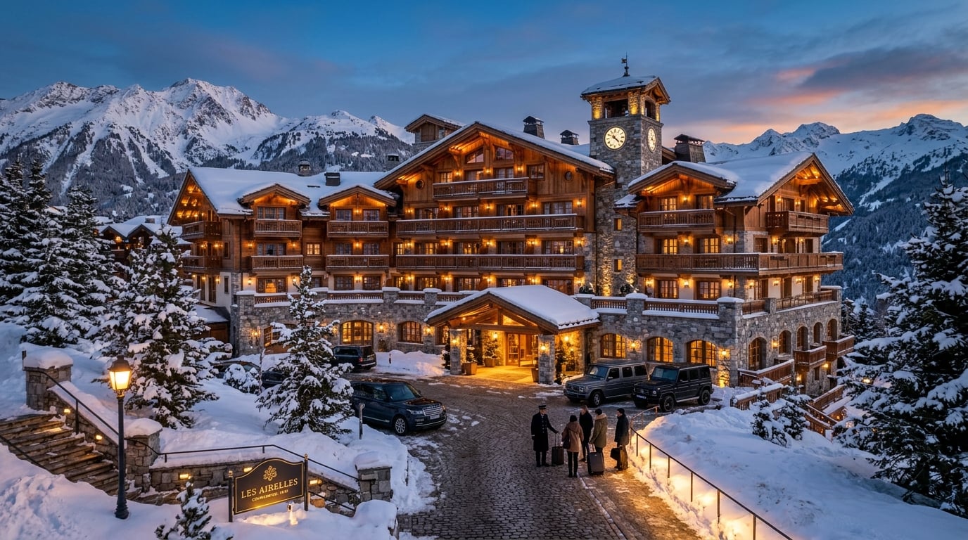 A luxurious hotel in Courchevel 1850 at dusk, with warm lights glowing against the snow.
