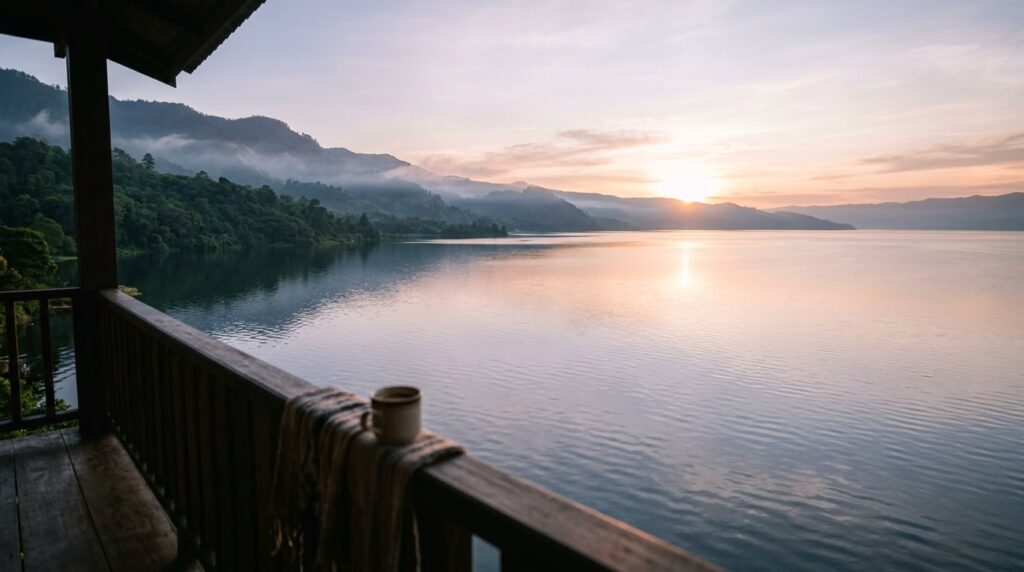 A serene sunrise over the expansive waters of Lake Toba, with distant hills.