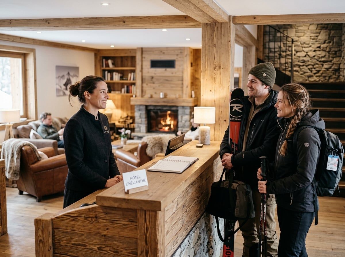 The lobby of a welcoming hotel in Courchevel 1550, with guests checking in.